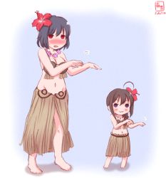 Rule 34 | 10s, 2girls, :3, aged down, ahoge, bare shoulders, barefoot, black hair, blue eyes, blush, bra, braid, brown hair, coconut, commentary request, dancing, dated, flower, flower necklace, fringe trim, hair flower, hair ornament, hair over shoulder, hibiscus, highres, kanon (kurogane knights), kantai collection, lei, looking at viewer, multiple girls, navel, open mouth, red eyes, shigure (kancolle), short hair, single braid, skirt, strapless, strapless bra, underwear, yamashiro (kancolle)