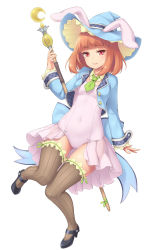 Rule 34 | 1girl, animal ears, animal hat, breasts, covered navel, crescent, dress, eyebrows, fake animal ears, full body, green necktie, hat, highres, holding, holding staff, holding wand, jacket, long hair, long sleeves, looking at viewer, mary janes, medium breasts, necktie, orange hair, original, pink eyes, rabbit hat, sasaame, shoes, short necktie, simple background, smile, solo, staff, striped clothes, striped thighhighs, thighhighs, vertical-striped clothes, vertical-striped thighhighs, wand, white background, witch hat