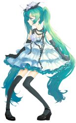 Rule 34 | 1girl, bad id, bad pixiv id, dress, elbow gloves, full body, gloves, green eyes, green hair, hatsune miku, highres, jewelry, long hair, matching hair/eyes, necklace, pigeon-toed, rimu (ream), solo, strapless, strapless dress, thighhighs, transparent background, twintails, very long hair, vocaloid