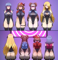 Rule 34 | 4girls, absurdres, ass, bandana, black legwear, blonde hair, blue hair, breasts, brown hair, cleavage, cleavage cutout, clothing cutout, covered erect nipples, covered navel, creatures (company), cropped jacket, crotch zipper, curvy, cynthia (pokemon), double bun, fingerless gloves, from behind, game freak, gloves, hair bun, highleg, highleg leotard, highres, huge ass, hypnosis, jacket, large breasts, leotard, long hair, may (pokemon), mind control, multiple girls, nintendo, nipples, open clothes, open jacket, pokemon, pokemon bw2, pokemon dppt, pokemon hgss, pokemon rse, rosa (pokemon), sabrina (pokemon), shinzu031, sideboob, standing, tagme, thigh gap, thigh strap, thighhighs, thong leotard, twintails, visor cap, zipper