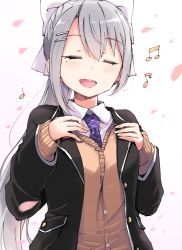 Rule 34 | 1girl, beamed eighth notes, blazer, blush, bow, buttons, closed eyes, eighth note, facing viewer, fingernails, grey hair, hair between eyes, hair bow, hair ornament, hairclip, hands on own chest, highres, higuchi kaede, higuchi kaede (1st costume), jacket, long fingernails, long hair, long sleeves, mole, mole under eye, music, musical note, nijisanji, open clothes, open jacket, open mouth, pink petals, ponytail, purple neckwear, quarter note, round teeth, school uniform, shirt, singing, teeth, ueshita, virtual youtuber, white background, white bow, white shirt
