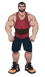 Rule 34 | 1boy, bara, bare shoulders, beard, belt, black shorts, dog tags, facial hair, full body, large pectorals, looking at viewer, pectoral cleavage, male focus, mature male, muscular, muscular male, original, pectorals, red tank top, selkiro, short hair, shorts, sidepec, smile, solo, tank top