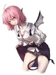 Rule 34 | 1girl, ahoge, alternate hair length, alternate hairstyle, bat wings, blush, breasts, chemise, cleavage, clothes lift, demon tail, fang, geppewi, koakuma, long sleeves, looking at viewer, miniskirt, open mouth, pink hair, red eyes, short hair, simple background, skirt, skirt lift, small breasts, smile, solo, tail, touhou, white background, wings