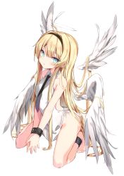 Rule 34 | 1girl, angel, angel wings, ankle cuffs, bare legs, barefoot, blonde hair, bound, bound wrists, cuffs, halo, highres, kneeling, long hair, looking at viewer, necktie, no panties, solo, toshizou (0714), very long hair, wings