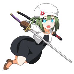 Rule 34 | 1girl, :d, black dress, blue eyes, borrowed character, brown footwear, brown gloves, cabbie hat, collarbone, cropped jacket, dress, fujishiro nekomata, full body, gloves, green hair, hair between eyes, hat, highres, holding, holding sheath, holding sword, holding weapon, jacket, katana, long sleeves, looking at viewer, one side up, open clothes, open jacket, open mouth, original, sheath, shoes, simple background, smile, solo, sword, unsheathed, weapon, white background, white hat, white jacket, yunomiya agari