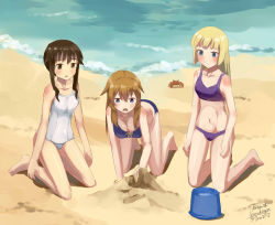 Rule 34 | 3girls, all fours, artist name, bare shoulders, beach, bikini, blonde hair, blue eyes, blue one-piece swimsuit, breasts, brown eyes, brown hair, bucket, charlotte e. yeager, cleavage, collarbone, crab, dated, kanokoga, kneeling, long hair, marian e. carl, multiple girls, navel, noble witches, one-piece swimsuit, purple one-piece swimsuit, sand, school swimsuit, strike witches, strike witches: kurenai no majo-tachi, swimsuit, takei junko, water, world witches series