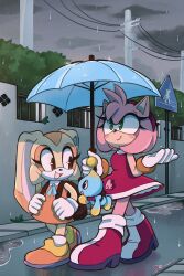 Rule 34 | 2girls, :d, ame (beeames), amy rose, artist name, backpack, bag, blue ribbon, blue umbrella, blush, boots, bow, bowtie, bracelet, brown bag, brown eyes, bush, chao (sonic), cheese (sonic), closed mouth, cloud, collared dress, commentary, cream the rabbit, dress, english commentary, eye contact, flower, furry, furry female, gloves, gold bracelet, green eyes, hairband, hands up, hedgehog girl, high heel boots, high heels, highres, holding, holding umbrella, jewelry, looking at another, looking to the side, multiple girls, neck ribbon, open mouth, orange dress, orange footwear, outdoors, overcast, power lines, puddle, purple flower, rabbit girl, rain, red bow, red bowtie, red dress, red footwear, red hairband, ribbon, road, road sign, shared umbrella, short dress, sidewalk, sign, sky, sleeveless, sleeveless dress, smile, socks, sonic (series), umbrella, utility pole, walking, water, white gloves, white socks, wing collar
