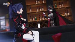 Rule 34 | 2girls, alcohol, artist request, bar (place), black jacket, bottle, breasts, chair, claws, cleavage, closed mouth, cocktail shaker, crossed legs, glass, gloves, grey hair, hair between eyes, hair over one eye, highres, honkai (series), honkai impact 3rd, hood, indoors, jacket, long sleeves, looking at another, multiple girls, official art, official wallpaper, purple eyes, purple hair, raiden mei, raiden mei (danzai spectramancer), raven (honkai impact), red eyes, red gloves, sitting, smile, table, thighhighs, white legwear, wine, wine bottle