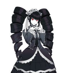 Rule 34 | 1girl, 68382837d, black hair, black nails, bonnet, celestia ludenberg, center frills, claw ring, danganronpa: trigger happy havoc, danganronpa (series), drill hair, earrings, frills, gothic lolita, interlocked fingers, jacket, jewelry, layered skirt, lolita fashion, long hair, long sleeves, looking at viewer, nail polish, necktie, own hands together, red eyes, red necktie, shirt, simple background, skirt, smile, solo, twin drills, twintails, white background, white shirt