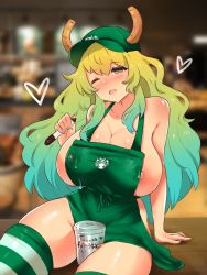 Rule 34 | 1girl, apron, aqua hair, areola slip, arm support, barista, big hair, blonde hair, blurry, blurry background, blush, breast milk, breasts, cleavage, collarbone, commentary, cowboy shot, dragon girl, dragon horns, english commentary, gradient hair, green apron, green headwear, hand up, heart, highres, holding, horns, huge nipples, iced latte with breast milk (meme), kobayashi-san chi no maidragon, lactation, lactation through clothes, large breasts, leaning to the side, looking at viewer, lucoa (maidragon), meme, milk, multicolored hair, naked apron, nipple slip, nipples, noiretox, one eye closed, open mouth, shadow, shiny skin, sidelocks, signature, sitting, solo, thighs, tip jar, yellow eyes