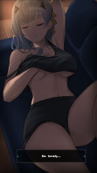 Rule 34 | 1girl, absurdres, alternate costume, arm behind head, bandaged head, bandages, bare shoulders, black shirt, black shorts, closed eyes, couch, crop top, english text, goddess of victory: nikke, grey hair, hand on own chest, hand under clothes, highres, long hair, lying, modernia (nikke), navel, nemo (aeon2801), on back, on couch, shirt, shorts, sidelocks, sleeping, solo