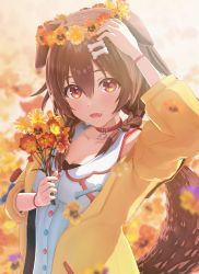 Rule 34 | 1girl, 3d, animal ears, blurry, blush, bone hair ornament, braid, breasts, brown hair, cleavage, collar, commentary, depth of field, dog ears, dog girl, dog tail, dress, fang, flower, hair between eyes, hair ornament, happy birthday, head wreath, highres, holding, holding flower, hololive, inugami korone, inugami korone (1st costume), jacket, looking at viewer, medium breasts, mikumikudance (medium), open clothes, open jacket, open mouth, red collar, red eyes, sleeveless, sleeveless dress, smile, solo, souyoru, sunlight, tail, twin braids, upper body, virtual youtuber, white dress, wristband, yellow jacket