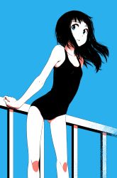 Rule 34 | 1girl, arched back, black hair, black one-piece swimsuit, blue background, blue eyes, colored skin, female focus, flat chest, highres, leaning forward, limited palette, long hair, new school swimsuit, one-piece swimsuit, original, railing, school swimsuit, shokubai phantom girl, simple background, solo, standing, swimsuit, white skin