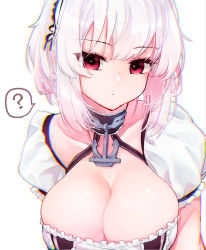 Rule 34 | 1girl, ?, anchor, azur lane, breasts, brown choker, choker, chromatic aberration, cleavage, closed mouth, collarbone, commentary request, frills, hair between eyes, hairband, highres, lace-trimmed hairband, lace trim, large breasts, looking at viewer, puffy short sleeves, puffy sleeves, red eyes, ribbon, shichijou natori, short hair, short sleeves, sidelocks, silver hair, simple background, sirius (azur lane), solo, upper body, white background, white hairband
