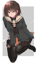 Rule 34 | 1girl, alternate costume, black neckerchief, black pantyhose, black shirt, brown eyes, brown hair, brown skirt, buttons, cardigan, closed mouth, grey cardigan, hair between eyes, kantai collection, long sleeves, looking at viewer, miniskirt, neckerchief, no shoes, pantyhose, pleated skirt, rinto (rint rnt), sailor collar, school uniform, sendai (kancolle), shirt, skirt, smile, solo, twintails, two side up, white sailor collar