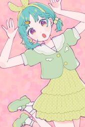 Rule 34 | 1girl, blue hair, commentary, frilled skirt, frills, green footwear, green jacket, green skirt, hair ornament, hair tie, hairclip, jacket, kudo (low temp), looking at viewer, low twintails, open mouth, original, pastel colors, pink background, short sleeves, skirt, socks, solo, tagme, twintails, two-tone eyes, white socks
