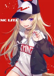 Rule 34 | 1girl, :d, animal ears, baseball cap, black choker, black jacket, blue eyes, brown hair, buttons, character name, choker, clothes writing, cowboy shot, drawstring, fake animal ears, floating hair, hand up, haruyuki 14, hat, highres, hood, hood down, hoodie, long hoodie, jacket, kmnz, long hair, long sleeves, looking at viewer, mc liz, nail polish, open clothes, open jacket, open mouth, red background, red nails, sidelocks, smile, solo, standing, tail, tongue, tongue out, v-shaped eyebrows, virtual youtuber, white hoodie