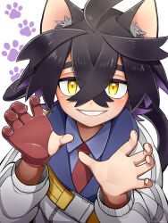 Rule 34 | 1boy, ahoge, animal ear fluff, animal ears, black hair, blue shirt, collared shirt, colored inner hair, commentary request, creatures (company), crossed bangs, game freak, gloves, grin, hair between eyes, hands up, highres, jacket, kieran (pokemon), kyouka. (kyouka), looking at viewer, male focus, mole, mole on neck, multicolored hair, necktie, nintendo, partially fingerless gloves, paw print, pokemon, pokemon sv, red gloves, red necktie, shirt, single glove, smile, solo, teeth, upper body, white background, yellow eyes