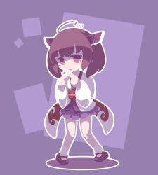 Rule 34 | 1girl, absurdres, ahoge, blade, blush stickers, brown hair, chibi, commentary, full body, headgear, highres, japanese clothes, kimono, looking at viewer, mori (moly), open mouth, outline, pigeon-toed, pleated skirt, purple background, purple skirt, rectangle, red eyes, sandals, short kimono, skirt, solo, tabi, touhoku kiritan, twintails, v-shaped eyebrows, voiceroid, white kimono, white outline, zouri