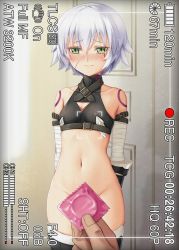 Rule 34 | 1girl, arm belt, arms behind back, bandaged arm, bandages, bare shoulders, black thighhighs, blush, bottomless, camera, censored, closed mouth, condom, condom wrapper, cowboy shot, crop top, embarrassed, fate/apocrypha, fate (series), gluteal fold, green eyes, haneru, highres, holding, holding condom, jack the ripper (fate/apocrypha), navel, nose blush, out of frame, pov, pov hands, recording, scar, scar across eye, scar on face, short hair, silver hair, solo focus, standing, stomach, sweat, tears, thighhighs, thighs, turtleneck, uncensored, viewfinder