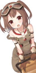 Rule 34 | 1girl, brown hair, closed eyes, gloves, goggles, highres, looking at viewer, ole tower, open mouth, overalls, rammer (ole tower), short hair, simple background, solo, strap slip, tokuno yuika, twintails