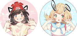 Rule 34 | 2girls, animal ears, backpack, bag, beanie, beige shirt, black hair, blonde hair, blue eyes, blush, braid, cat ears, cat girl, claw pose, collarbone, creatures (company), female focus, french braid, game freak, green eyes, hands up, hat, jpeg artifacts, lillie (pokemon), looking at viewer, looking to the side, multiple girls, nintendo, open mouth, poke ball theme, pokemon, pokemon sm, ponytail, rabbit ears, red hat, selene (pokemon), shirt, short hair, short sleeves, smile, teeth, upper body, whiskers, white shirt, zuizi