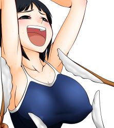 Rule 34 | 1girl, armpits, arms up, bikkuru, black eyes, black hair, blue one-piece swimsuit, blunt bangs, blush, breasts, cleavage, collarbone, covered erect nipples, disembodied hand, feathers, female focus, half-closed eyes, holding, kirigaya suguha, large breasts, laughing, matching hair/eyes, one-piece swimsuit, open mouth, short hair, simple background, smile, solo, sweat, swimsuit, sword art online, teeth, textless version, tickling, upper body, white background