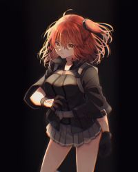 Rule 34 | 1girl, black background, breasts, commentary request, cowboy shot, fate/grand order, fate (series), fujimaru ritsuka (female), fujimaru ritsuka (female) (polar chaldea uniform), gloves, hair between eyes, highres, looking at viewer, medium breasts, medium hair, orange eyes, orange hair, simple background, skirt, solo, standing, suna co