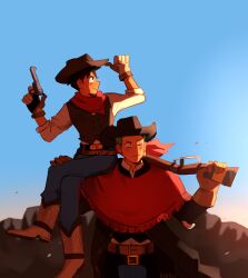 Rule 34 | 2boys, belt, boots, bubblu, commentary, cowboy hat, crossed legs, earrings, english commentary, glint, gloves, gun, hat, highres, holding, holding gun, holding weapon, jewelry, long sleeves, looking back, male focus, monkey d. luffy, multiple boys, one piece, person on shoulder, rifle, roronoa zoro, scar, scar on face, sidelighting, sky, smile, weapon