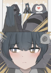 Rule 34 | 1girl, 1other, absurdres, animal ears, arknights, black hair, blue necktie, blush, closed mouth, coat, coat on shoulders, comic, commentary, doctor (arknights), english commentary, highres, hood, hooded coat, long hair, looking to the side, necktie, official alternate costume, pout, snoot challenge, texas (arknights), texas the omertosa (arknights), wawamachi (wawamachis), wolf ears, wolf girl, yellow eyes