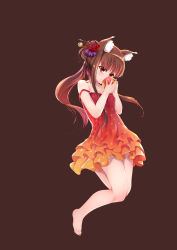 Rule 34 | 1girl, absurdres, animal ears, apple, bare legs, barefoot, black background, brown hair, c (pixiv3064042), commentary request, dress, floating, floating hair, flower, food, fruit, hair flower, hair ornament, highres, holding, holding food, holding fruit, holo, kanzashi, legs, long hair, red dress, red eyes, simple background, solo, spice and wolf, strap slip, wolf ears