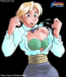 Rule 34 | 1girl, androgynous, blonde hair, bra, crossdressing, king (snk), lingerie, reverse trap, short hair, snk, solo, the king of fighters, torn clothes, underwear, watermark