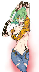 Rule 34 | 10s, 1girl, ;p, belt, breasts, cleavage, denim, earrings, green hair, hikage (senran kagura), holding, jeans, jewelry, kazuma muramasa, knife, large breasts, long hair, midriff, no panties, one eye closed, open belt, open fly, pants, saliva, saliva trail, senran kagura, short hair, slit pupils, solo, tongue, tongue out, torn clothes, unbuckled, unbuttoned, unzipped, weapon, wink, yellow eyes
