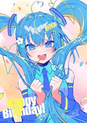 Rule 34 | 1girl, :d, ahoge, blue bow, blue eyes, blue flower, blue hair, blue shirt, blue sleeves, bow, character name, collared shirt, commentary, detached sleeves, floating hair, flower, fortissimo, hair between eyes, hair bow, hair flower, hair intakes, hair ornament, happy birthday, hatsune miku, heart, heart ahoge, highres, holding, holding own hair, long hair, long sleeves, looking at viewer, musical note, musical note hair ornament, open mouth, polka dot, polka dot bow, shirt, signature, sleeveless, sleeveless shirt, smile, solo, striped, striped bow, twintails, twitter username, upper body, very long hair, vocaloid, white flower, wing collar, yamigirikuroko
