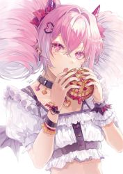 Rule 34 | 1boy, artist name, choker, commentary request, drill hair, earrings, food, hair between eyes, hair ornament, hairclip, heart, heart-shaped pupils, highres, holding, holding food, jewelry, looking at viewer, open mouth, original, pink eyes, pink hair, short sleeves, simple background, solo, symbol-shaped pupils, trap, twin drills, waco (misonobu), watermark, white background, wristband