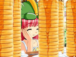 Rule 34 | 1girl, bare shoulders, closed mouth, collarbone, closed eyes, food, game cg, hat, long hair, outdoors, pancake, pink hair, smile, solo, source request, tagme, third-party edit