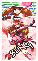 Rule 34 | 10s, 1girl, alternate costume, boots, breasts, breasts apart, brown hair, creatures (company), dress, elbow gloves, english text, game freak, gen 3 pokemon, gloves, grin, hat, heart, knee boots, long hair, low-tied long hair, luvdisc, medium breasts, naso4, nintendo, panties, pantyshot, peaked cap, pink theme, poke ball, pokemon, pokemon (creature), pokemon xy, purple eyes, scarf, serena (pokemon), smile, solo, standing, strapless, strapless dress, thigh strap, transformation, underwear, white legwear