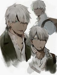 Rule 34 | 1boy, aoki (fumomo), collarbone, cropped torso, ginko, hair over one eye, looking at viewer, male focus, mushishi, official style, open mouth, shirt, silver hair, sketch, smoking, solo, upper body, white background, white shirt