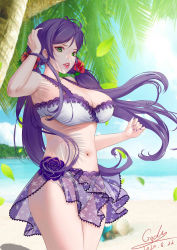 1girl, absurdres, beach, bikini, blue sky, commentary request, dated, day, flower, green eyes, gxdy, hair flower, hair ornament, highres, lipstick, long hair, looking at viewer, love live!, love live! school idol project, low twintails, makeup, midriff, nail polish, navel, ocean, palm tree, pink lips, purple hair, purple nails, purple sarong, sarong, shadow, signature, sky, solo, sun, swimsuit, toujou nozomi, tree, twintails, white bikini