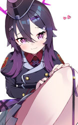 Rule 34 | 1girl, absurdres, blouse, blue archive, blush, collared shirt, feet out of frame, garrison cap, hair between eyes, hair ornament, hairclip, haruka (blue archive), hat, heart, highres, jacket, juliet sleeves, light smile, long sleeves, looking at viewer, military, military hat, military uniform, miniskirt, morumoru x, puffy sleeves, purple eyes, purple hair, purple jacket, red shirt, shirt, simple background, skirt, solo, uniform, white background
