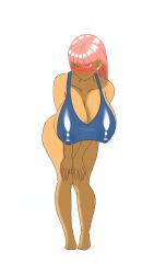 Rule 34 | @ @, absurdres, arms on knees, bare shoulders, bikini, blue bikini, blush, bob cut, bottomless, breasts, cleavage, covered erect nipples, curvy, half-closed eyes, highres, huge breasts, leaning forward, light smile, medium hair, narrow waist, non-web source, one eye closed, original, pink hair, puffy nipples, red eyes, sagging breasts, shaded face, standing, swimsuit, tan, thick thighs, thighs, white background, wide hips