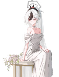 1girl absurdres alternate_costume black_horns blue_archive bouquet collarbone demon_horns dress flower grey_halo halo highres hit_by_hit horns kayoko_(blue_archive) mole mole_on_collarbone multicolored_hair off_shoulder simple_background solo two-tone_hair wedding_dress white_background white_hair