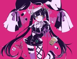 Rule 34 | 1girl, badge, black footwear, black hair, black jacket, black ribbon, black shirt, blouse, blunt bangs, breasts, bubble tea, button badge, candy, cleavage, closed mouth, commentary request, crop top, cross-laced clothes, cross-laced sleeves, cup, darling dance (vocaloid), demon girl, demon horns, demon tail, drinking straw, expressionless, finger to own chin, food, foot out of frame, heart, heart-shaped pupils, heart print, horns, jacket, kojo anna, kuzuhana, leg ribbon, leg up, lollipop, long hair, long sleeves, looking at viewer, medium breasts, multicolored footwear, multicolored hair, nanashi inc., off shoulder, open clothes, open jacket, pill, pink background, pointy ears, print shirt, purple footwear, purple hair, purple thighhighs, ribbon, russian text, see-through, see-through cleavage, see-through shirt, shirt, shoes, single thighhigh, sleeveless, sleeveless shirt, sneakers, solo, star (symbol), sugar lyric, symbol-shaped pupils, tail, thigh strap, thighhighs, twintails, two-tone hair, very long hair, virtual youtuber, vocaloid, white footwear, yellow eyes, zipper