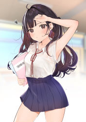 Rule 34 | 1girl, :o, absurdres, arm up, armpits, bare arms, black hair, blue skirt, blurry, blurry background, blush, braid, breasts, brown eyes, closed mouth, collarbone, collared shirt, contrapposto, cowboy shot, hand on own forehead, highres, holding, long hair, looking at viewer, medium breasts, multicolored hair, neck ribbon, original, pleated skirt, red hair, red ribbon, ribbon, shirt, shirt tucked in, skirt, solo, sweat, uiri-na, white hair, white shirt