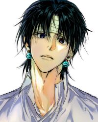 Rule 34 | 1boy, bandage on face, bandages, black hair, chrollo lucilfer, closed mouth, earrings, highres, hmupss, hunter x hunter, jewelry, looking at viewer, male focus, shirt, short hair, solo, white background, white shirt