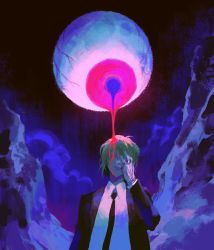 Rule 34 | 1boy, black jacket, black necktie, blonde hair, blood, blue background, chain, collared shirt, commentary, covered face, english commentary, eyeball, facing viewer, formal, frown, hand on own face, hand up, highres, hunter x hunter, jacket, jewelry, kurapika, long sleeves, lunarelles, male focus, melting, multiple rings, necktie, ring, shirt, short hair, smoke, solo, suit, twitter username, upper body, veins, white shirt