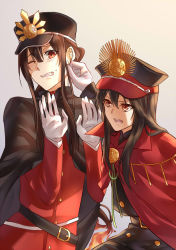 Rule 34 | &gt;:o, 1boy, 1girl, :o, black cape, black hair, brother and sister, cape, cheek pinching, clenched teeth, fate/grand order, fate (series), gloves, hair between eyes, hat, highres, long hair, looking at another, military, military hat, military uniform, oda nobukatsu (fate), oda nobunaga (fate), oda nobunaga (koha-ace), peaked cap, pinching, red cape, red eyes, siblings, teeth, uniform, v-shaped eyebrows, white gloves, wince, yuu+1