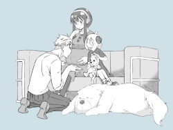 Rule 34 | 1boy, 2girls, anya (spy x family), black hair, blonde hair, blush, bond (spy x family), breasts, director chimera (spy x family), dog, dress, family, father and daughter, great pyrenees, greyscale, hairband, hairpods, husband and wife, kamimiya, large breasts, limited palette, long hair, monochrome, mother and daughter, multiple girls, off-shoulder sweater, off shoulder, open mouth, pregnant, sidelocks, smile, spy x family, sweater, sweater dress, twilight (spy x family), white dog, yor briar