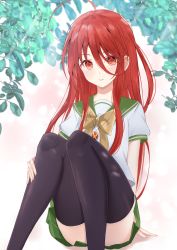 Rule 34 | 1girl, absurdres, ahoge, black thighhighs, bow, brown bow, commentary request, convenient leg, feet out of frame, green sailor collar, green skirt, hair between eyes, highres, knees together feet apart, knees up, long hair, looking at viewer, parted lips, pleated skirt, puffy short sleeves, puffy sleeves, red eyes, red hair, resolution mismatch, sailor collar, shakugan no shana, shana, shirt, short sleeves, sitting, skirt, solo, source smaller, teratsuki, thighhighs, very long hair, white shirt