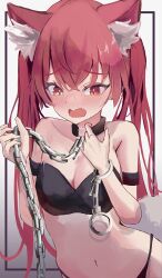 Rule 34 | 1girl, animal ears, blush, breasts, cat ears, chain, chain leash, cleavage, collar, fang, highres, hololive, houshou marine, kote11272424, leash, medium breasts, navel, open mouth, solo, twintails, underwear, underwear only, virtual youtuber